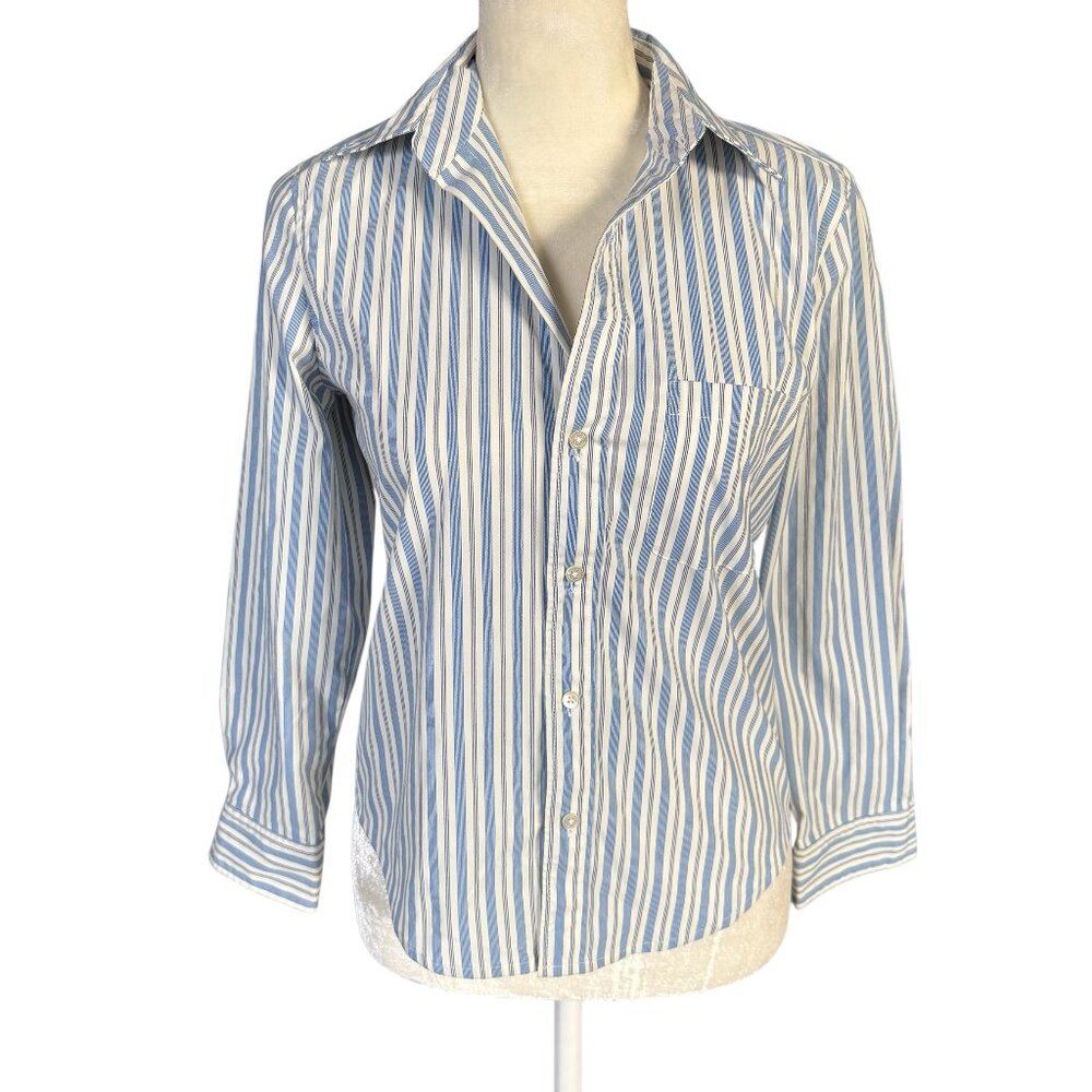 Theory by Tahari blue white stripe long sleeve collared button down shirt XSP